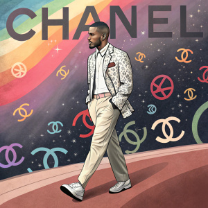 Frank Ocean at Chanel event. Colorful, abstract background with bold 'CHANEL' logo
