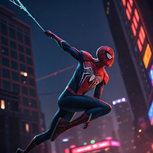 A stunning photo of Spider-Man mid-air, web-swinging with dynamic pose. Dark cityscape and vibrant neon lights in the background.