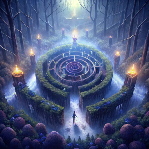 A hopeless labyrinth in the fog, overgrown with trees. The unknown. Darkness. Lost man. Vague images. Top view of the labyrinth. Lots of fog.
