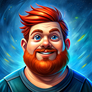 A fat young guy, black hair, blue eyes, looking at the camera, red beard with mustache, smiling, black t-short