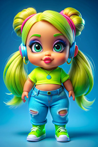 cute chubby bratz doll with a nose piercing and her hair is in a ponytail, wearing headphones, she is wearing a neon lime t-shirt and blue jeans, and white platform shoes