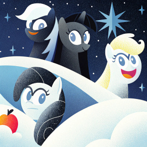 Diverse characters from My Little Pony: Twilight Sparkle, Pinkie Pie, Rainbow Dash, and Applejack. Each has unique facial expressions and poses. Dark, starry night background
