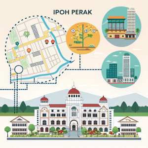 Infographic detailing IPOH PERAK. Visual layout includes map, building illustrations, circulation, district functions, architectural styles, cityscape. Color-coded elements for clarity.
