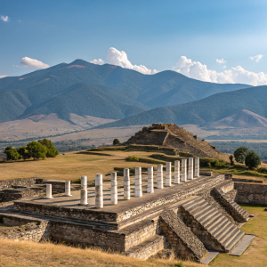 Ancient ruins of Tollan-Xicocotitlan. Stone structures with tall white pillars in a grid pattern. Set against a mountainous backdrop with rolling hills, clear blue sky, and scattered clouds.