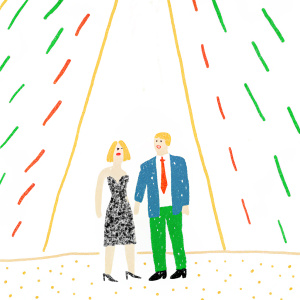 Britney Spears and J.J. Watt at a charity gala. Dressed in extravagant outfits, standing in front of a dynamic LED screen showcasing vibrant colors and patterns. Britney wears a sleek silver and black sequined dress, while J.J. is in a sharp blue blazer and a playful pink tie. The stage is illuminated by the dynamic lights.