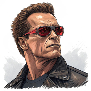 Arnold Schwarzenegger as the Terminator. Caricature style, bold lines, shading. Prominent broad face, large protruding jawline, red-tinted sunglasses.