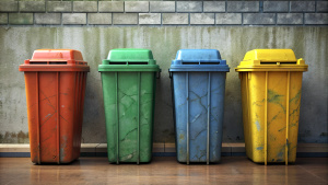 realistic. 4 type 4 color garbage beside wall.