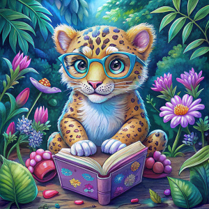 cute baby Jaguar, wearing glasses,reading a book, very touching and touching