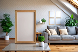 Frame mockup, ISO A paper size. Living room wall poster mockup. Interior mockup with house background. Modern interior design