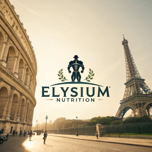 Elysium Nutrition logo featuring a sleek, muscular silhouette alongside an iconic architectural structure, with the brand name 'Elysium Nutrition' displayed in a sophisticated font. The design conveys elegance and premium quality.