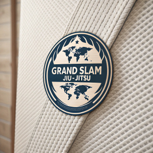 Logo design for Grand Slam Jiu-Jitsu. Circular shield with text and a world map silhouette, printed on a woven fabric backdrop.