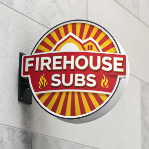 Firehouse Subs logo redesign. Modern, sleek aesthetic. Vibrant color palette featuring red, yellow, and white. Bold new font for brand name.