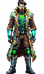 cyberpunk pixel art male charter detective from side full body, realistic proportion, neon, high detail