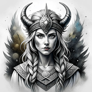 Nordic Godness Snotra - perfect realistic art, high-definition grey and black, white background tattoo design