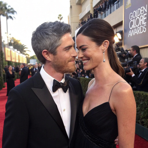 Dave Annable and Odette Annable, at the Golden Globe Awards, sharing a tender moment. They both wear formal attire. He is in a tuxedo while she dons an elegant black gown. The backdrop is a bustling red carpet scene.