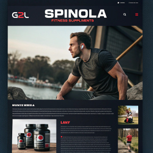 Website homepage for G2L, showcasing Spinola fitness supplements. Dark theme, prominent product image, detailed descriptions, and user testimonials.