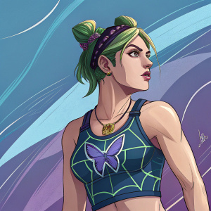 Digital art of Jolyne Cujoh from JoJo's Bizarre Adventure. Athletic build, butterfly emblem on chest. Blue and purple abstract background.
