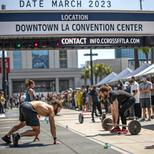 CrossFit competition featuring athletes competing on a sunny day in Los Angeles, California. Event details: Date - March 2023, Location - Downtown LA Convention Center, Contact - info@crossfitla.com