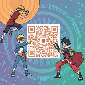 An intricate QR code embedded within a vibrant scene featuring popular manga and anime characters. The background is a digital pattern.