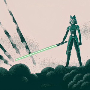Rosario Dawson as Ahsoka Tano in Star Wars, wielding a green lightsaber in a futuristic battle scene.
