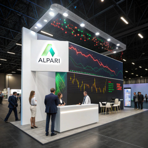 Modern booth at a bustling tech conference. Alpari's logo prominently displayed on a sleek white backdrop. Dynamic trading graphs and charts animate in the background.