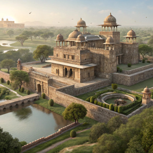Maharani Shri Padmini Palace, an ancient stone edifice, surrounded by lush gardens and water bodies within Chittor Fort in Chittorgarh, Rajasthan, India. It features numerous domes and towers.