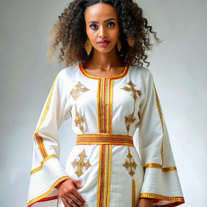 White Habesha Kemis Beautiful Habesha Libs smooth cotton silk design detailed by Ethiopian cross, cloth with ultra-accurate precise details, attractive, perfect body, curl hair, visible attractive chest line, and face, long tight hand sleeves, silk detailed with  yellow and red silk cross-tailed art on the cloth with ultra-accurate precise details of Ethiopian orthodox church-styled, ultra-accurate precise details.