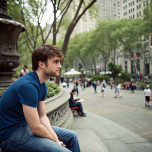 Daniel Radcliffe in casual attire, blue t-shirt and jeans, sitting outdoors in a bustling city park.