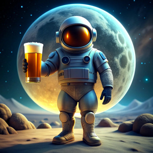 Salesman named Mile on the moon, holding a beer