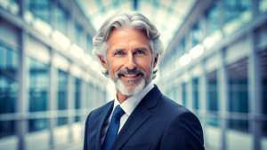 portrait of successful senior businessman consultant looking at camera and smiling inside modern office building