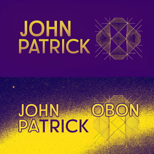 Logo concepts for John Patrick and John Patrick Obon. Bold typography paired with abstract geometric shapes. Various color schemes. Modern digital design.
