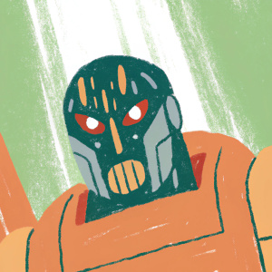 Close-up of Ultron, a Marvel villain. Dark, ominous metallic face with sharp edges and glowing red eyes.