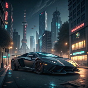 A Lamborghini Aventador in matte black on a futuristic cityscape at night, digital 3D rendering highlighting vehicle design