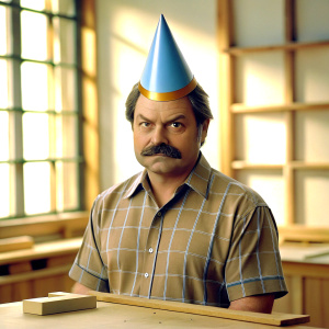 Ron Swanson wood working with a birthday hat 