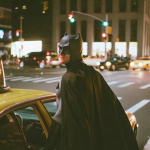 Adam West as Batman standing on a bustling city street at night. Flashing lights and crowd in background