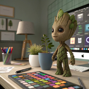 3D digital rendering of Baby Groot. Environment is a modern studio workspace with color palette and editing tools. Detailed textures and features