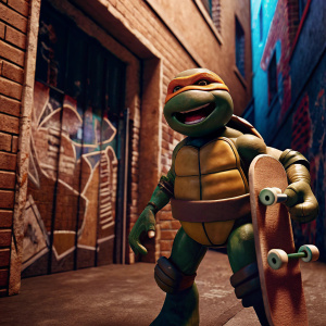 Michelangelo from Teenage Mutant Ninja Turtles, laughing heartily while holding a skateboard, surrounded by a colorful graffiti-filled alley.