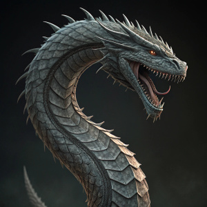 Digital 3D render of Jörmungandr, the Norse World Serpent. Long, serpentine body, sharp spines, menacing head. Intricate textures, monochromatic grey hues. Dark background.
