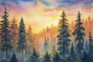 dense coniferous dark forest at a warm sunset, without sun