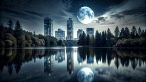  full moon at night, skyscraper city forest  still water dark night black