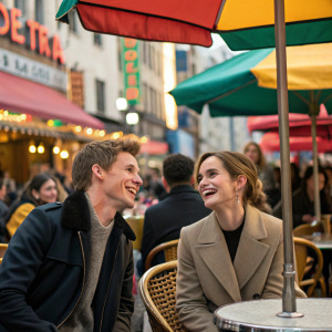 Eddie Redmayne and Emma Watson laughing at a bustling outdoor cafe. Crowded street background, colorful signage