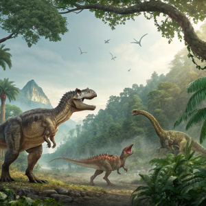 Promotional image for 'Walking with Dinosaurs'. A diverse group of dinosaurs in an animated jungle backdrop.