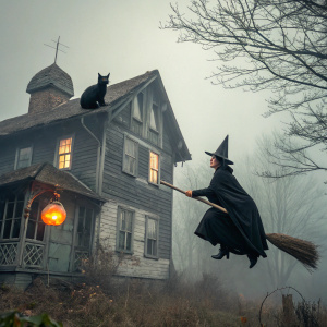 Halloween Witch On Broomstick With Black Cat And Haunted House