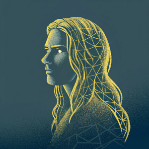 Low-poly digital art of Scarlett Johansson. Warm-toned polygons create a stylized portrait against a dark background. Focus on facial features and hairstyle. Modern graphic design with clean lines and geometric shapes. Implied light source. Muted color palette.