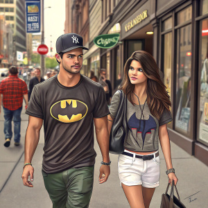 Taylor Lautner and Marie Avgeropoulos, dressed in casual attire, strolling down a bustling downtown street. He sports a NY Yankees cap and graphic tee, while she wears a Batgirl-themed shirt and white shorts. They walk side by side on a busy sidewalk with storefronts lining the street.
