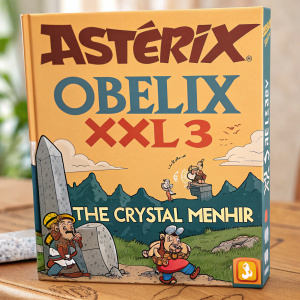 Collector's edition packaging for Asterix Obelix XXL3 The Crystal Menhir. Vibrant illustration showcasing the game's iconic characters. Prominent release date and vibrant color scheme with a dominant warm orange hue.