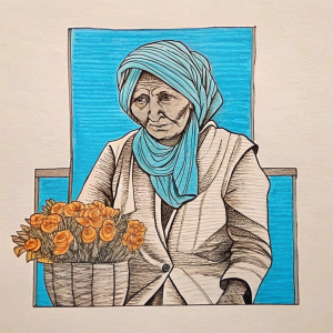 subject being the old indian women in suit and head scarf selling flowers in the market flea market. drawn in cartoon sketch character style