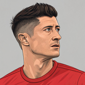Digital illustration of Robert Lewandowski. Determined expression, short, modern hairstyle, side-swept fringe, wearing red shirt. Neutral gray background, focused on facial features and skin tones.