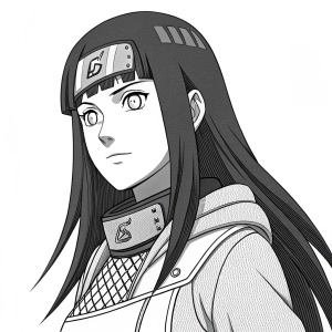 Hinata Hyuga, Naruto character, detailed line art. Long dark hair and determined expression. Wearing ninja outfit with detailed textures.