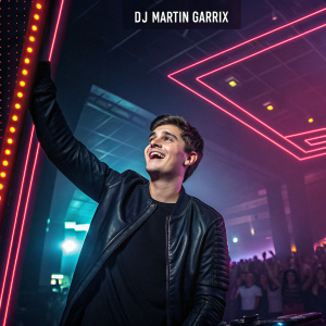 Promotional flyer for DJ Martin Garrix's new album release party. He is seen center stage, ecstatic and surrounded by neon lights in a dimly lit venue.